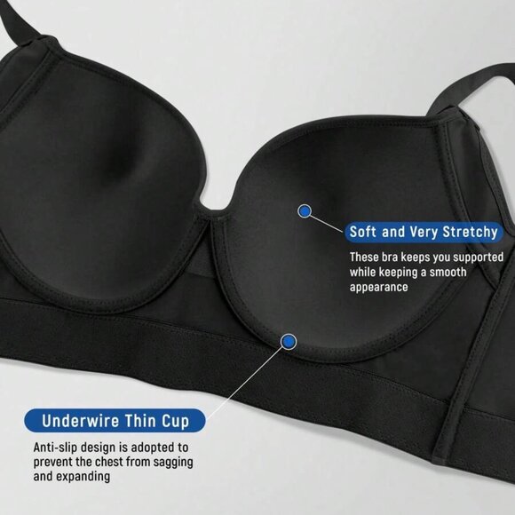 Women's Black Comfort Seamless Deep V Push-Up Adjustable Bra Sports Beautify The - Picture 7 of 11